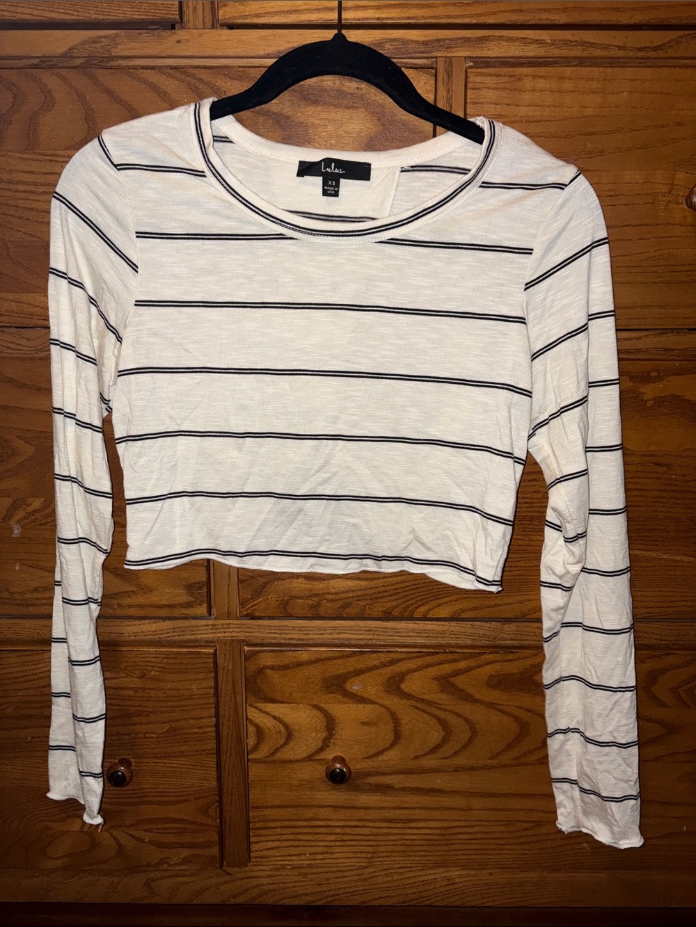 Lulu's White Long-Sleeve Black Striped Cropped Top